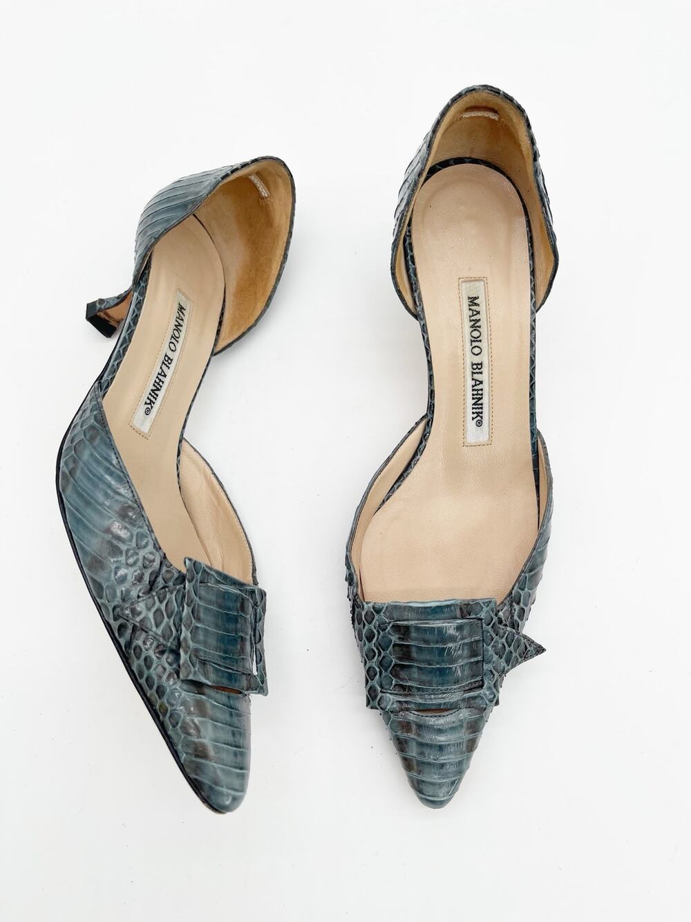 Manolo Blahnik Vintage Teal Python Buckle Pointed Toe Pumps Kitten Heels IT 36